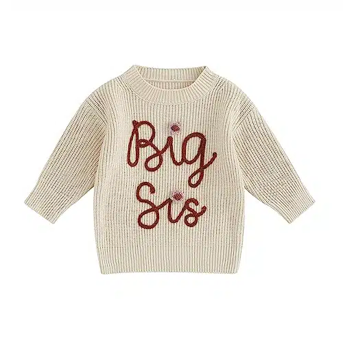 CREAIRY Big Sister Little Sister Matching Outfits Toddler Baby Girl Chunky Knit Sweater Warm Sweatshirt Knitted Fall Clothes (Big Sis Beige, Years)