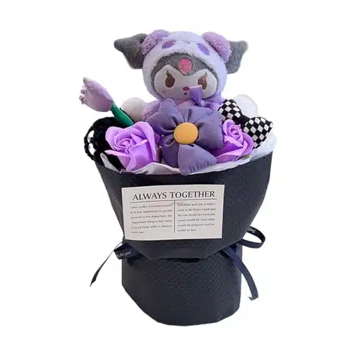 Handmade Bouquet Flowers Plush, Scented Soap Flower Gift, Plush Doll Bouquet, Friends Girls Bouquet Women's Day Birthday Gift Includes Gift Bag and Gift Card (Purple)