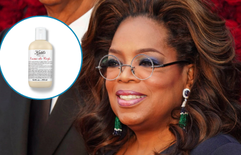 Oprah Winfrey smiles on a red carpet, and a bottle of Kiehl's Creme de Corps is featured in a graphic bubble.