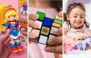 A Rainbow Brite doll, a Rubik cube is twisted, and a girl plays with a my little pony.