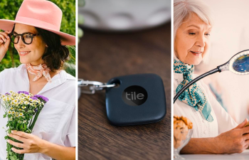 A woman wears a pair of reading glasses, a tile tracker is attached to keys, and a woman uses a magnifier to read.