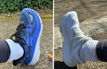 A person wears a pair of Hoka Clifton 9 and a person wears a pair of Brooks Glycerin 21.
