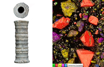 ancient lipstick next to colored pigments