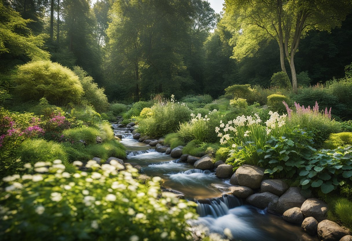 A serene garden with vibrant plants and a flowing stream, surrounded by a tranquil forest, under a clear blue sky