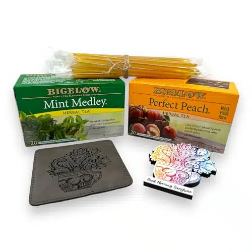 Medicine Ball Herbal Tea Gift Set   Cups   Perfect Peach, Mint Medley, and Honey Straws   Leatherette Coaster and Colorful Magnet   Thoughtful Gift for Tea Lovers