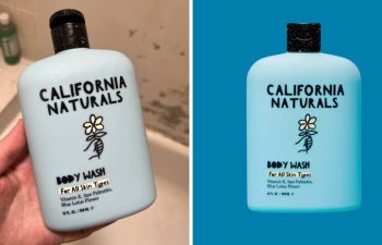 A person holds a bottle of California Naturals Body Wash, and a bottle of body wash is against of a blue background.