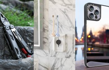 A multipurpose tool sits on a ledge, an outlet and shelf combo are mounted on a wall, and an iPhone case features a mirrored back.