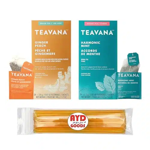 Teavana Medicine Ball, Cold Buster Recipe, Box Each of Ginger Peach and Harmonic Mint, Total of Tea Bags, Includes Counts of AYD Goods Honey Sticks