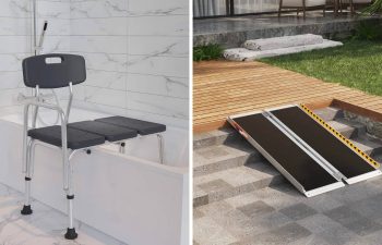 A shower chair is set up in a bathroom, and a ramp is installed outside of a home.